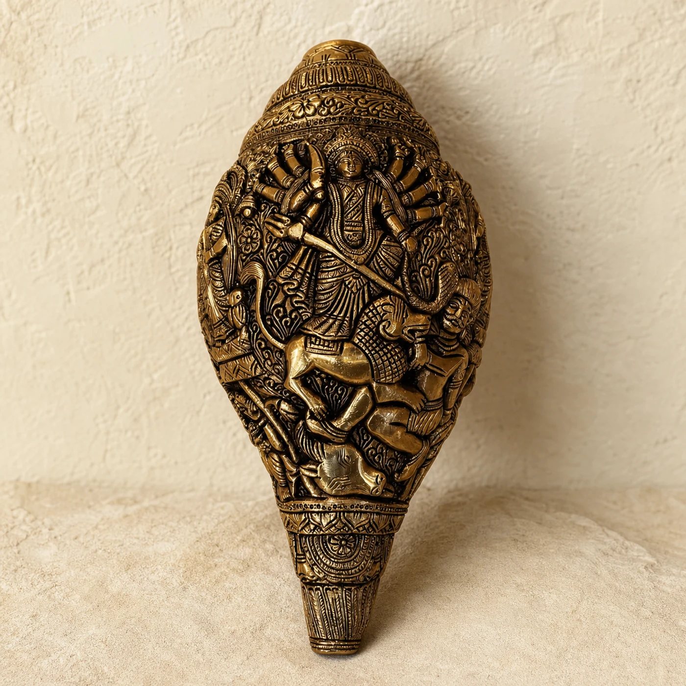 Durga Shankh, a brass pooja, shown on a warm neutral surface